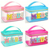 Clear toiletry bag with pink and blue accents featuring embroidered MEDS text