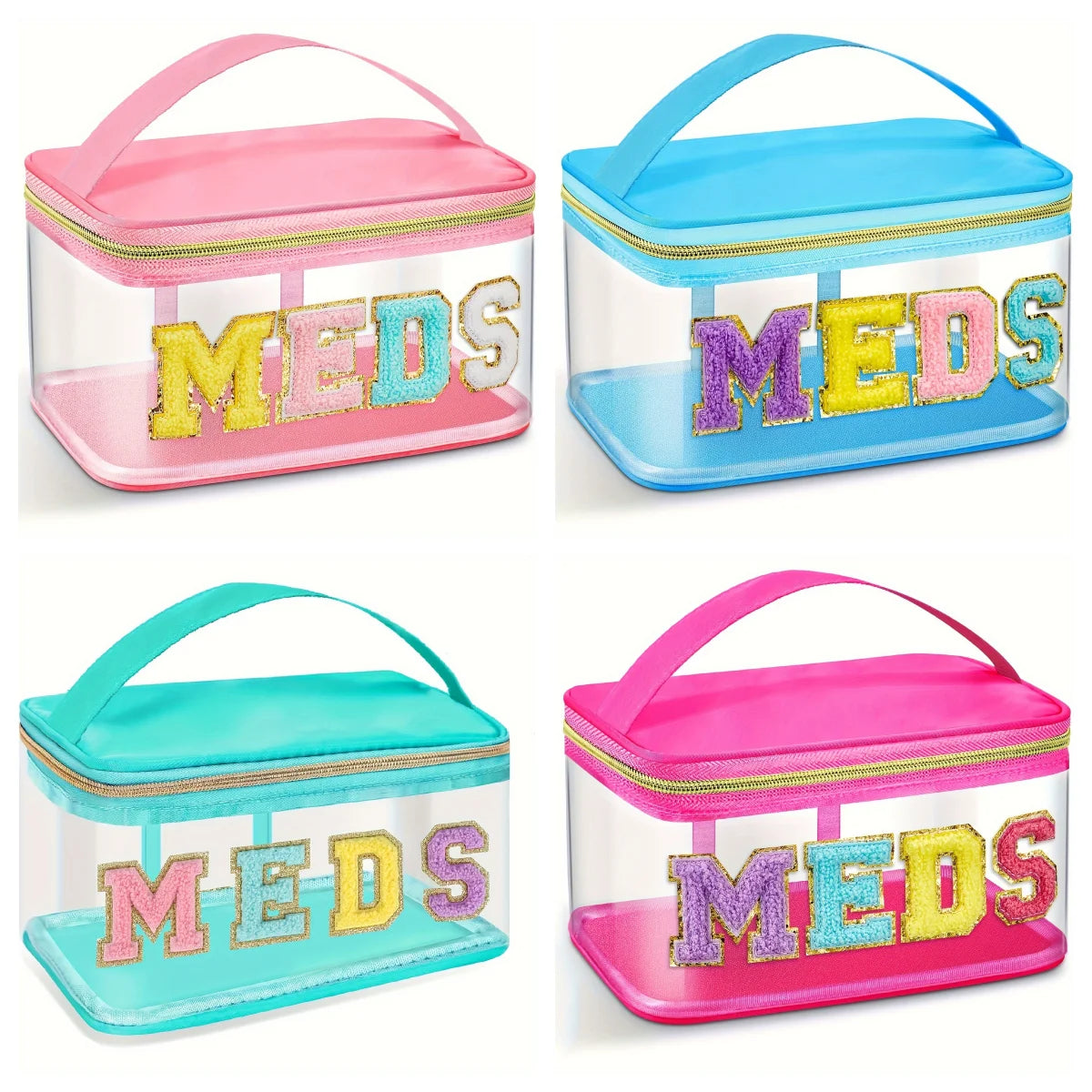 Clear toiletry bag with pink and blue accents featuring embroidered MEDS text