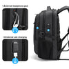 Black laptop backpack showing external headphone jack and USB charging port features
