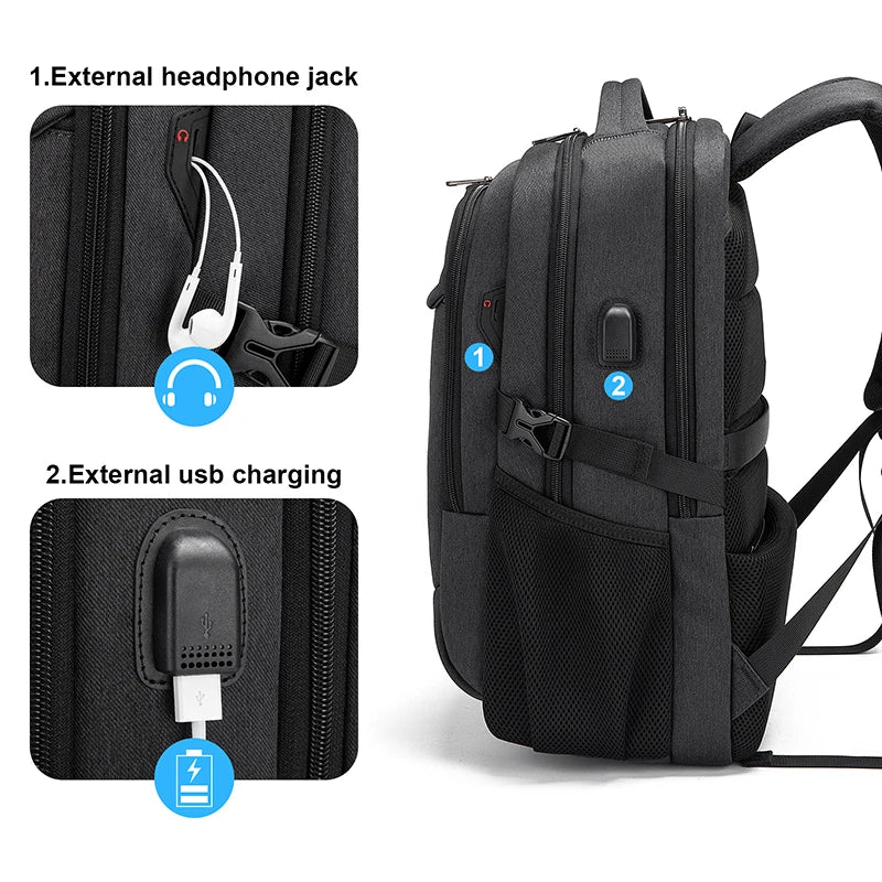 Black laptop backpack showing external headphone jack and USB charging port features