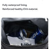 Black insulated backpack lining showing a blue bottle inside.