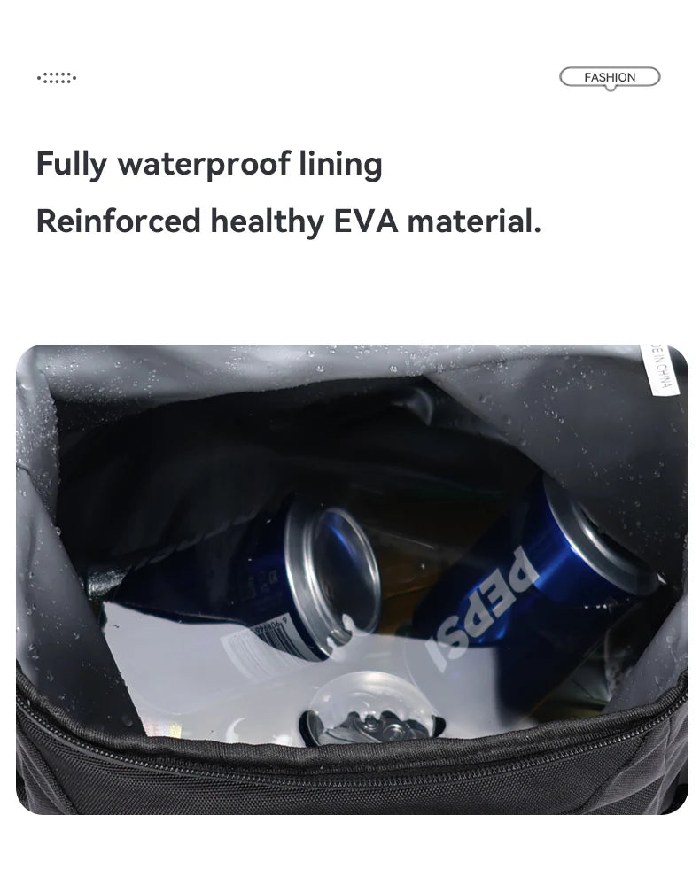 Black insulated backpack lining showing a blue bottle inside.
