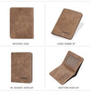 A brown leather bifold wallet shown from the reverse side, look down at view, 45 degree display, and bottom display.