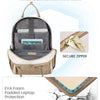 A tan laptop backpack featuring EVA foam padding and a secure zipper for computer protection.