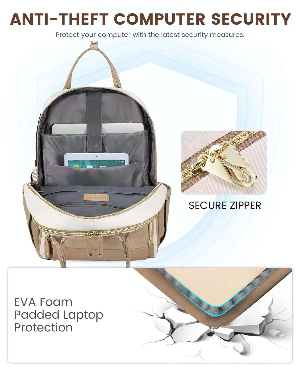 A tan laptop backpack featuring EVA foam padding and a secure zipper for computer protection.
