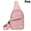 Pinkes, wasserdichtes Crossbody-Sling-Bag für Damen mit gesteppter Textur und Reißverschlussschnüre.