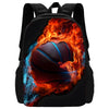 A black sports backpack featuring a fiery orange and blue graphic of a basketball.