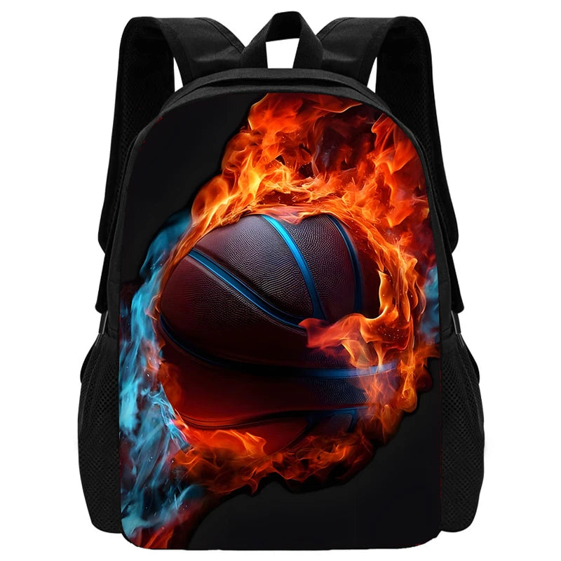 A black sports backpack featuring a fiery orange and blue graphic of a basketball.