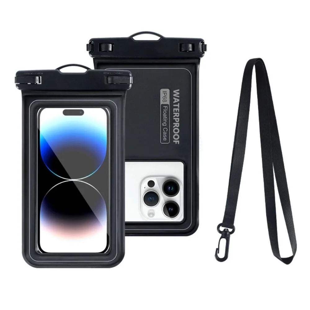 A black waterproof phone case with a clear window and a detachable black strap is shown.