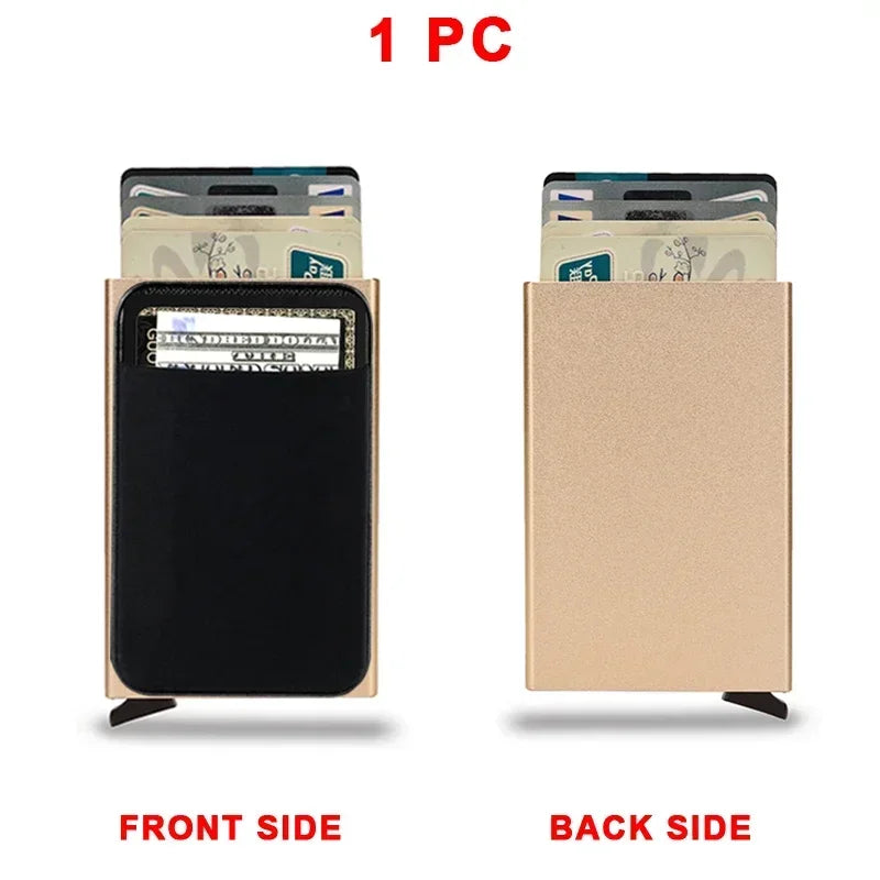 Front and back views of a slim metal pop-up card holder wallet in beige and gold tones.