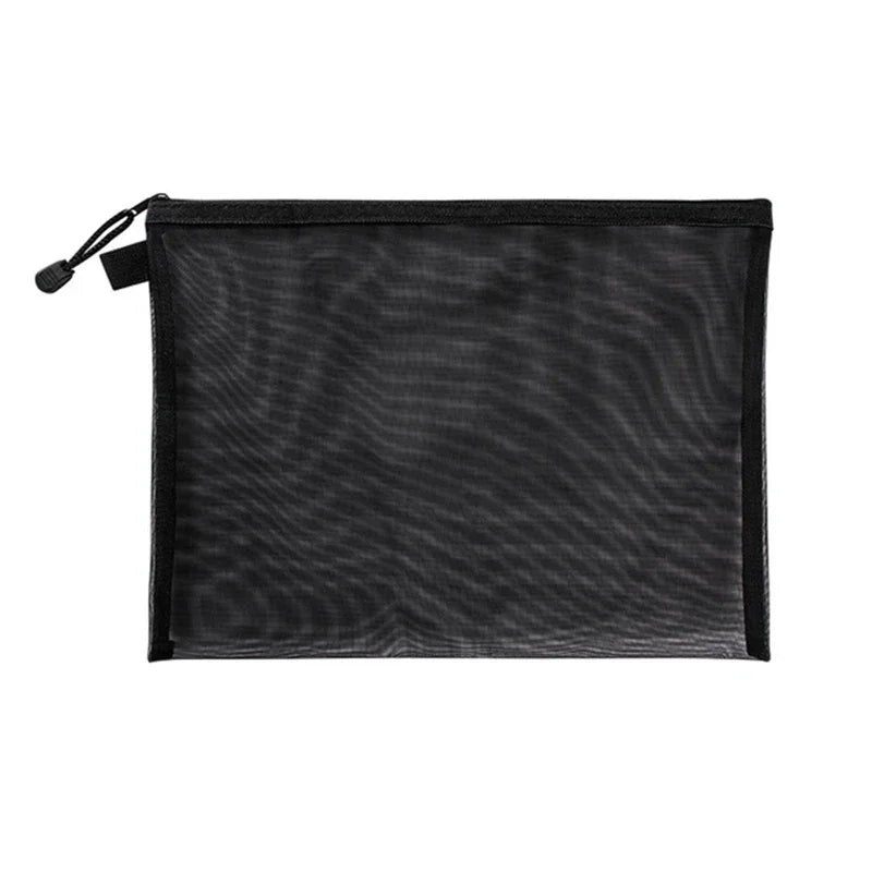 Black clear mesh zipper pouch for storing A4, A5, or A6 documents.