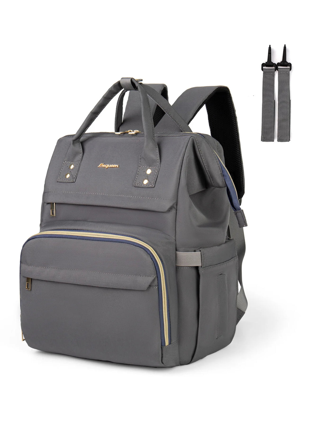 Graue, große Still- und Muttermilch-Windel mit gepolstertem Rucksack-Stil.