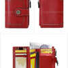 A red leather RFID anti-theft multi-card wallet for women shown in two views, including a display of various cards.