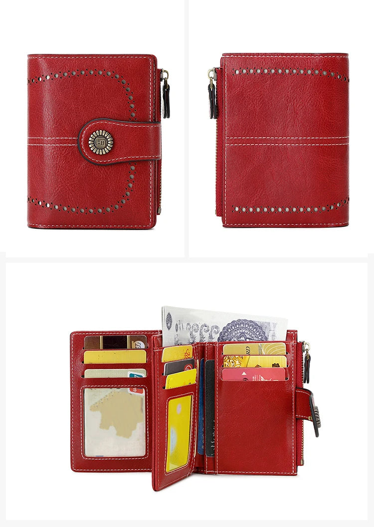 A red leather RFID anti-theft multi-card wallet for women shown in two views, including a display of various cards.