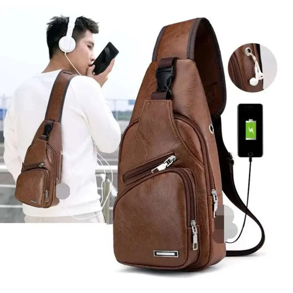 A brown men's casual crossbody chest bag with a USB charging port is shown being worn by a man.