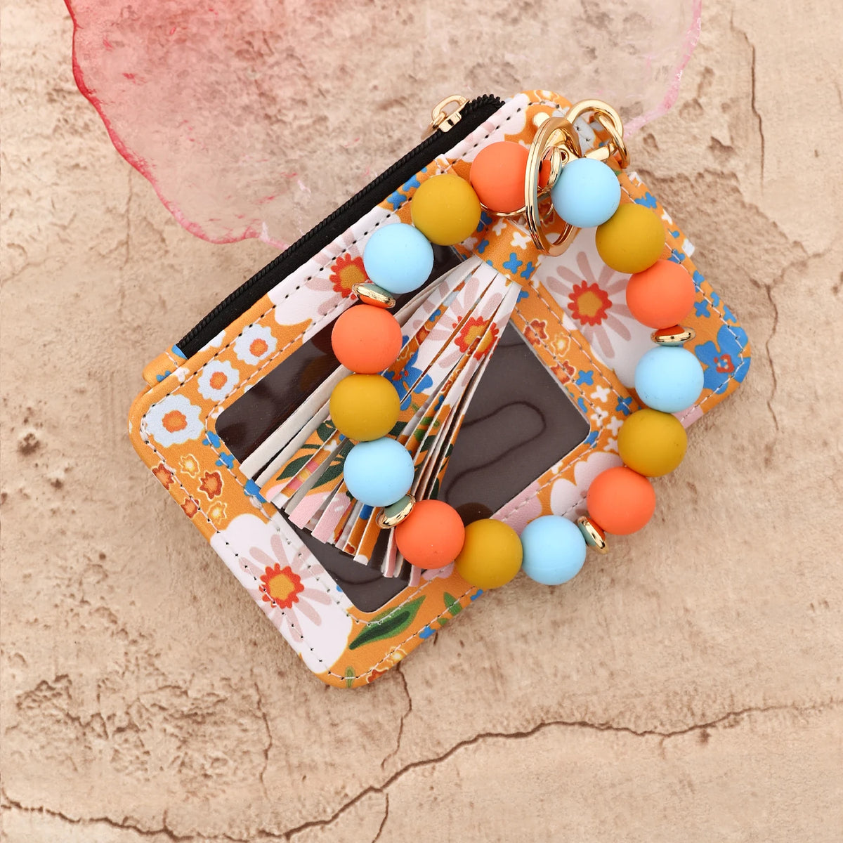 Cartera llavero de cuero PU de silicona con flores rosas, cremallera y dije de cuentas