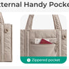 Three views of external handy pockets on a beige quilted tote bag showing zippered and quick-access compartments