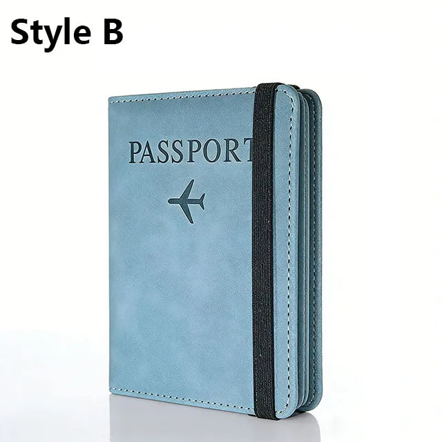 A light blue slim passport holder with a black trim and a stylized airplane icon on the cover.