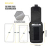 Black EDC phone pouch with a soft velvet padded interior lining shown next to smartphone dimensions.