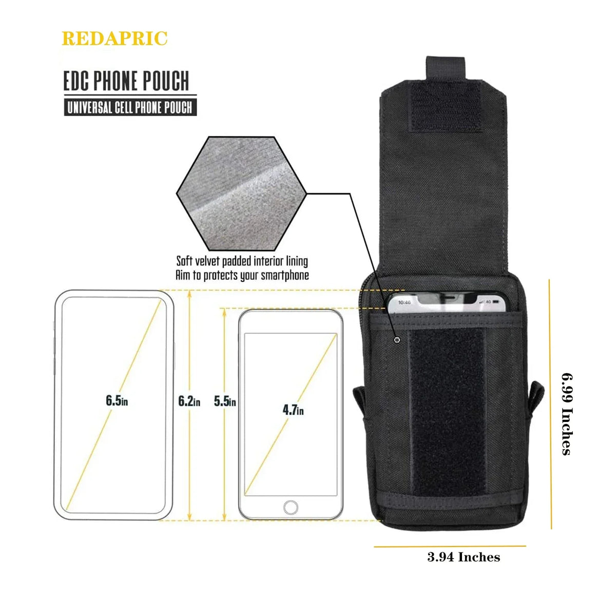 Black EDC phone pouch with a soft velvet padded interior lining shown next to smartphone dimensions.