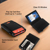 A black slim aluminum RFID blocking wallet shown with various features like a pop up card box and a metal money clip.