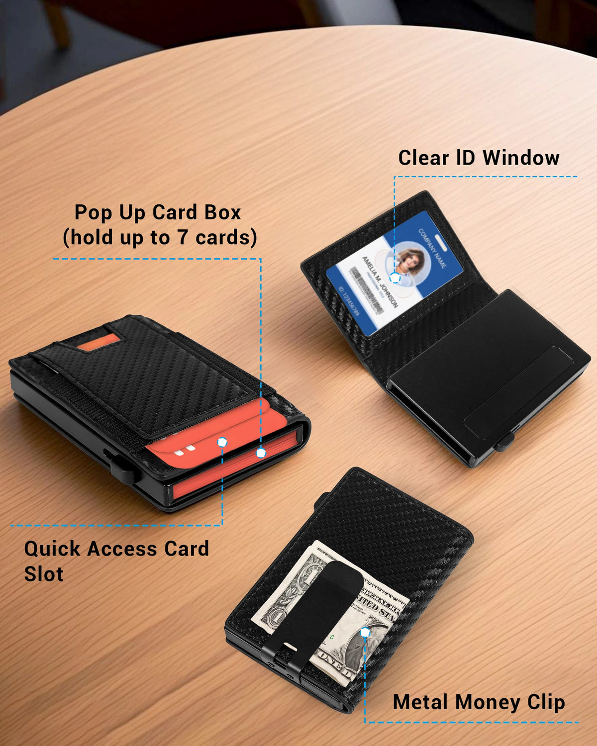A black slim aluminum RFID blocking wallet shown with various features like a pop up card box and a metal money clip.