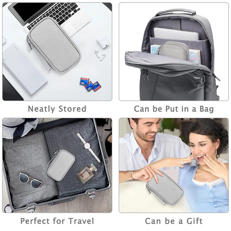 A gray waterproof cable organizer storage bag shown in various contexts including neat storage, travel use, and as a gift.
