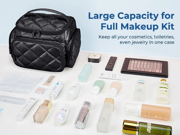 A black quilted multi-compartment travel organizer bag filled with various cosmetics, toiletries, and jewelry.