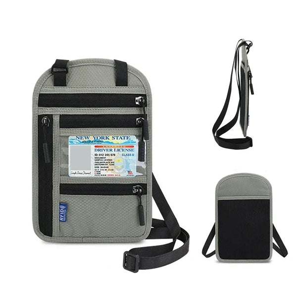 Gray and black RFID blocking travel passport holder with a strap and a separate black pouch.
