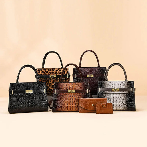 A set of five elegant PU leather shoulder handbags in various shades including black brown leopard print and solid colors
