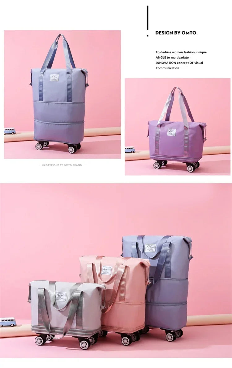 Un ensemble de pochettes de voyage extensibles de couleur pastel sur chariots de bagages roulants.