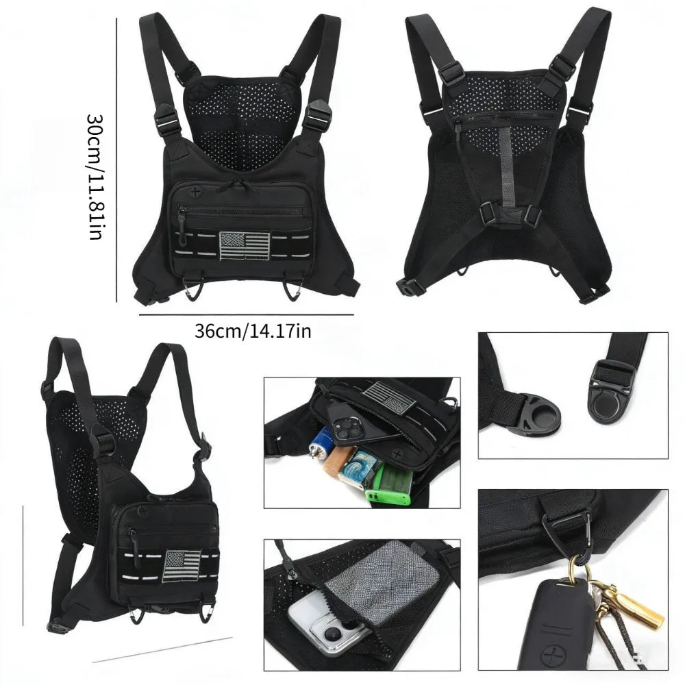Sac de sport noir multi-usage, montré sous différentes vues et configurations pour activités de plein air