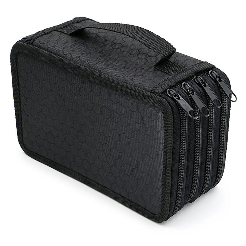 Black large capacity pencil case with multiple zippered compartments and dividers
