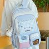 A light blue and white backpack featuring a laptop compartment and decorative lace details.