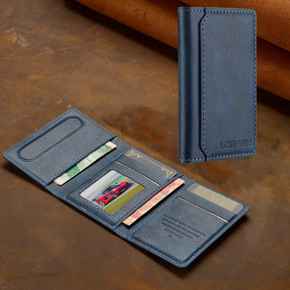 A dark blue leather multi-card wallet with a slim design is shown next to a matching phone grip stand on a brown surface.