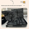 A black reusable vacuum storage bag is shown open, containing shoes, underwear, a towel, and dry clothes.