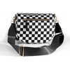 A black and white checkered crossbody sling bag with a gold-toned adjustable strap.