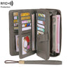 A dark gray RFID protection multi-card wallet with a wrist strap, showing various cards and ID documents.