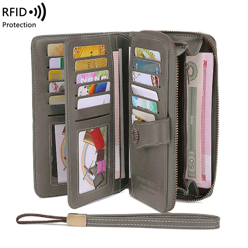 A dark gray RFID protection multi-card wallet with a wrist strap, showing various cards and ID documents.