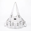A white vintage PU leather hobo shoulder bag with silver hardware and multiple pockets.
