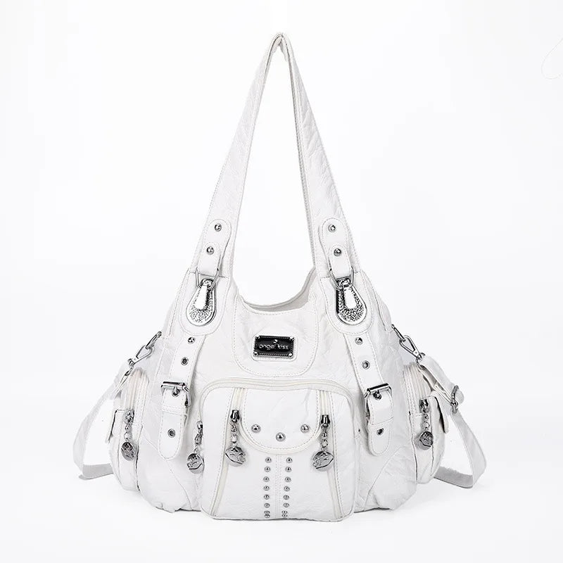 A white vintage PU leather hobo shoulder bag with silver hardware and multiple pockets.