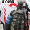 A camouflage tactical fishing gear storage chest bag is shown attached to a fishing rod.