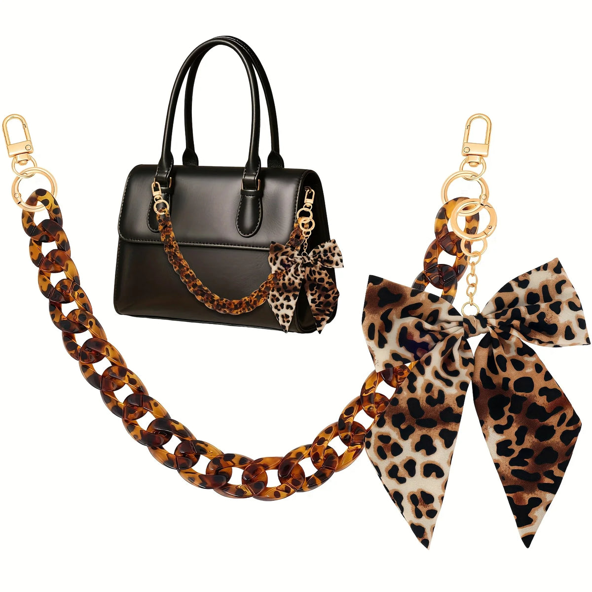 Schwarze Acryl-Tasche mit Leopardenmusterkette und Schleifchen-Anhänger