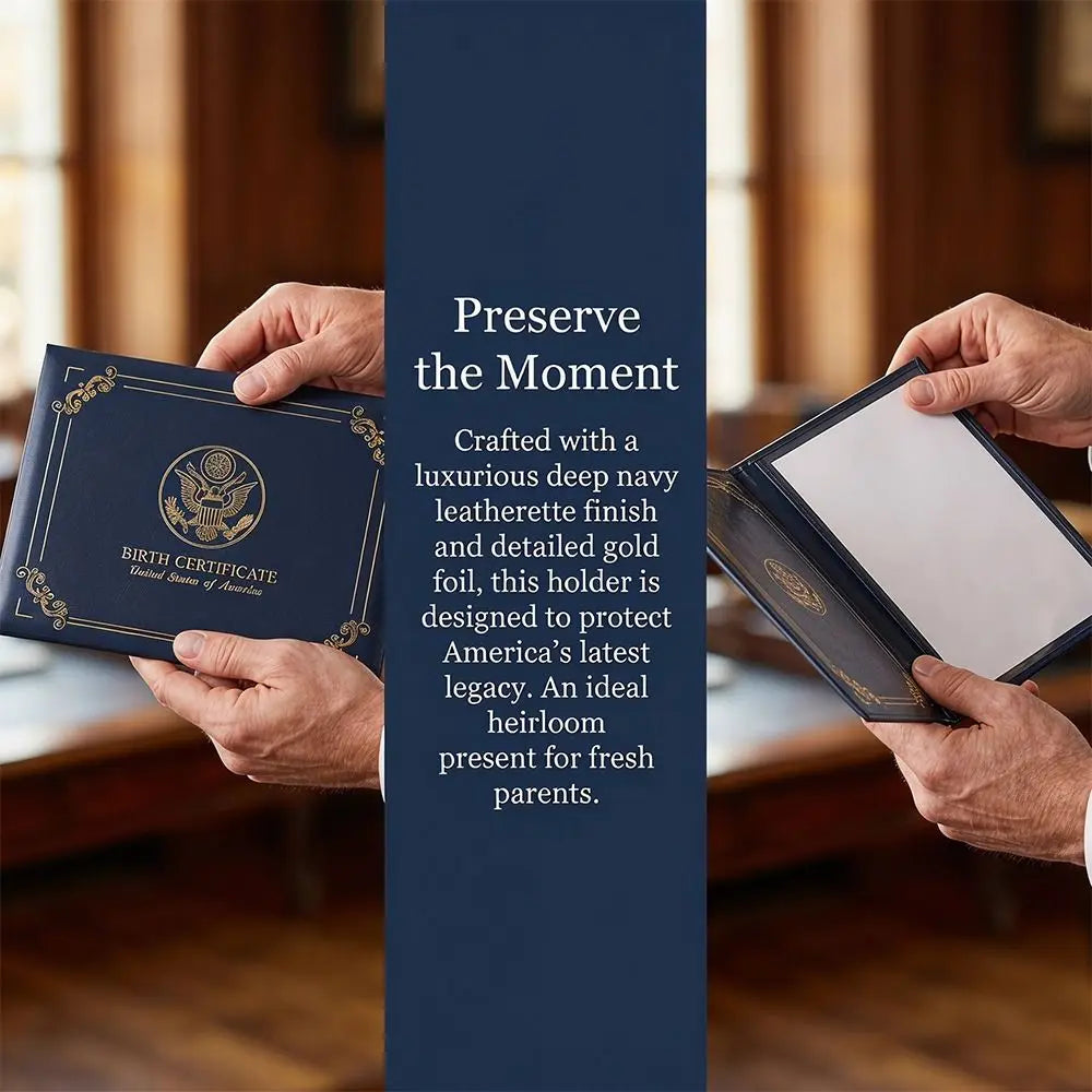 A dark navy leather birth certificate holder with gold foil detailing is held by hands, emphasizing its protective and elegan