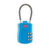 A blue cable lock with a silver braided cable and three dials for luggage security.