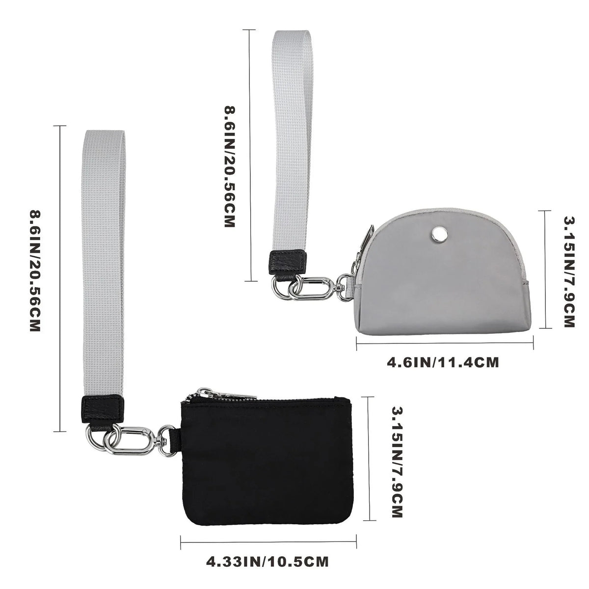 A mini zip around wristlet wallet shown with its strap and attached pouch in black and gray.