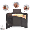 محفظة جلدية داكنة بنية بتصميم بسيط لحجب بطاقات RFID، مع إظهار زوايا مختلفة لميزاتها.