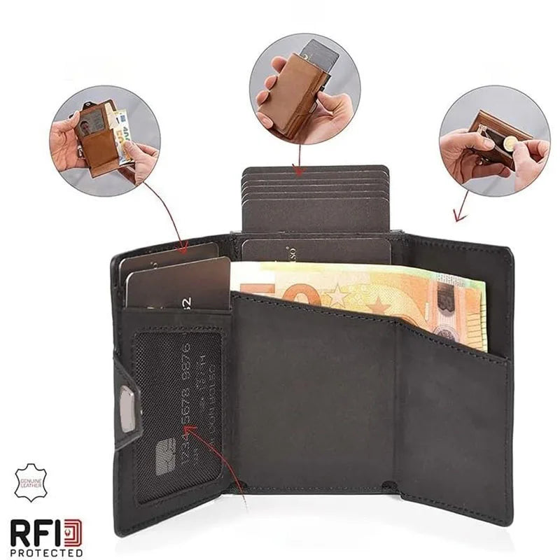 محفظة جلدية داكنة بنية بتصميم بسيط لحجب بطاقات RFID، مع إظهار زوايا مختلفة لميزاتها.