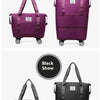 Pochette de voyage multi-usage violette extensible, présentée en vitrine et en version noire.