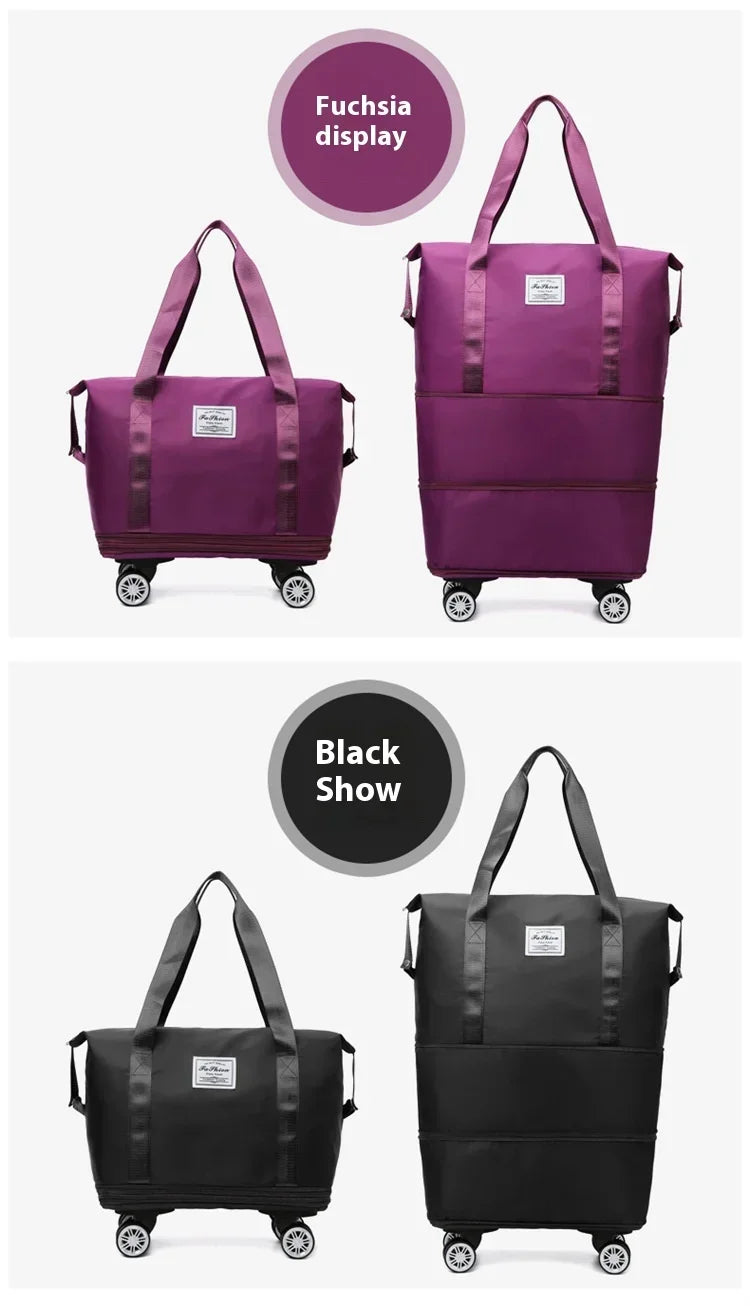Pochette de voyage multi-usage violette extensible, présentée en vitrine et en version noire.
